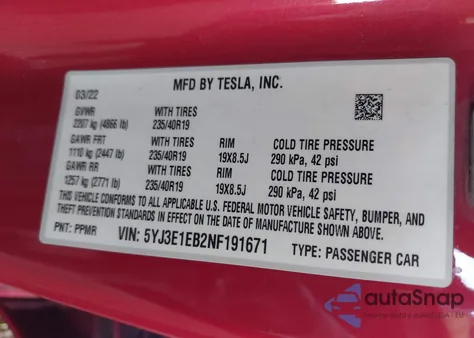 2022 Tesla Model 3 Long Range Dual Motor All-Wheel Drive z USA, uszkodzony, nr VIN 5YJ3E1EB2NF191671